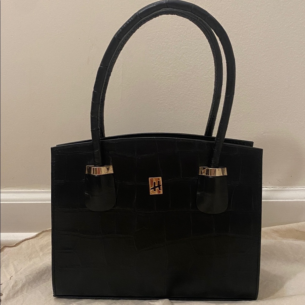 HUB Pakistan Black Crocodile Embossed Leather Tote Handbag Gold Tone Hardware